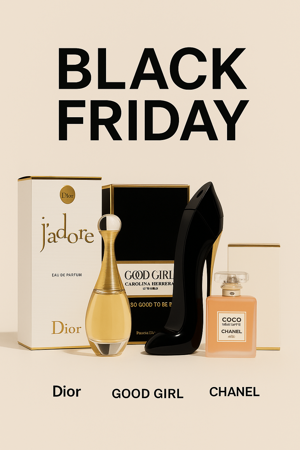 COMPRE 1, GANHE 3! - Conjunto exclusivo de perfumes Premium: J'adore,Coco Chanel Eau de Parfum, Good girl Carolina Herrera